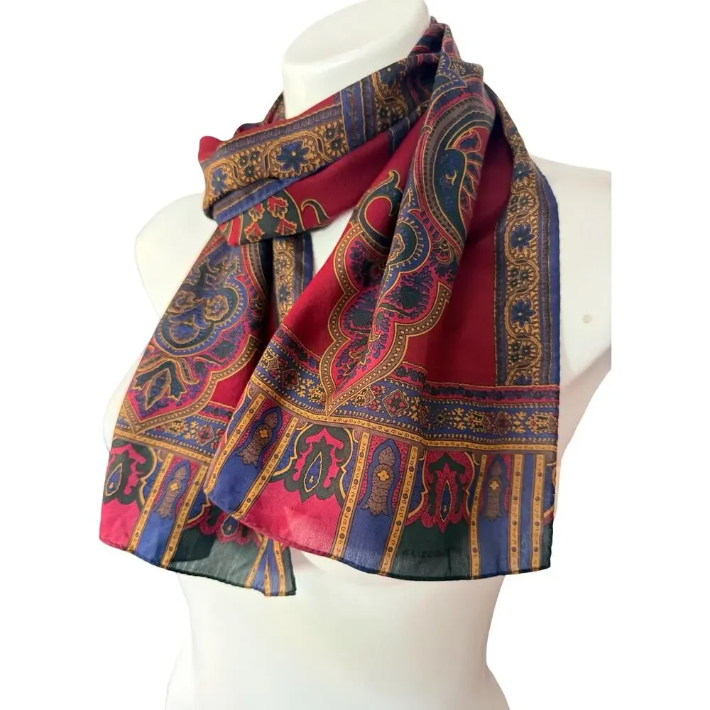 Vintage Liz Claiborne Silk Paisley Scarf 1980s Burgundy Navy Blue Green 11x52